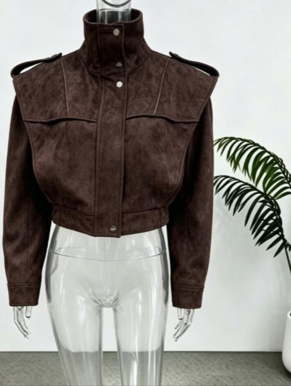 Brown Cropped High-Collar Jacket - Picture 4 of 6
